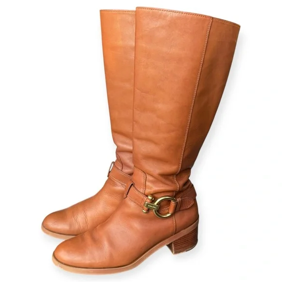 COACH Saddle Brown California Calf Leather Boots with Signature Gold Buckles, 9M - Picture 3 of 16